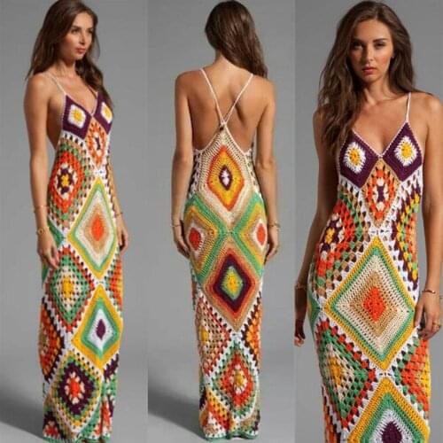 2021 handmade crochet beachwear wedding dress Swimsuit ONE Piece Swimwear color stitching long dress Bohemian Knitted swimsuit