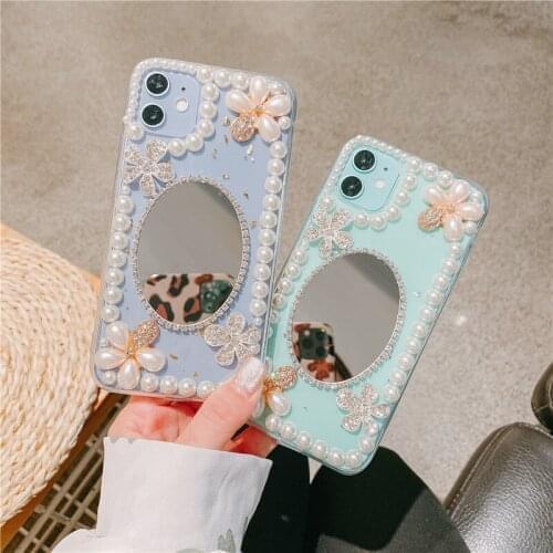 Mirror Rhinestone Clear Case For Huawei P30 Lite P40 Pro P40 Lite 5G Case Luxury Pearl flower Cover Honor 20 Y9 Prime 2019 Case