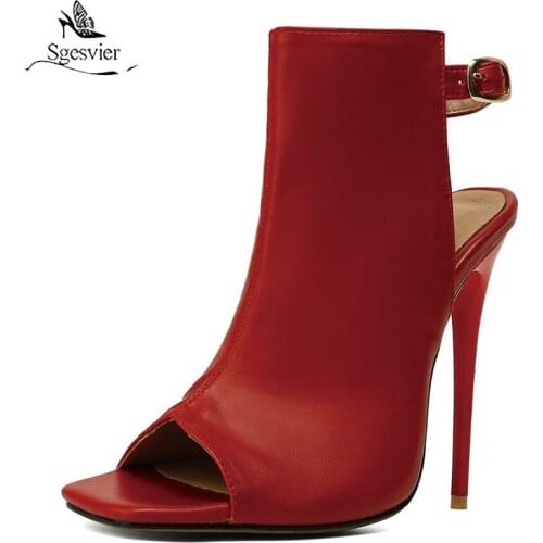 Sgesvier sexy peep toe summer boots sandals fashion buckle white red black super high heel stiletto womens shoes big size 48