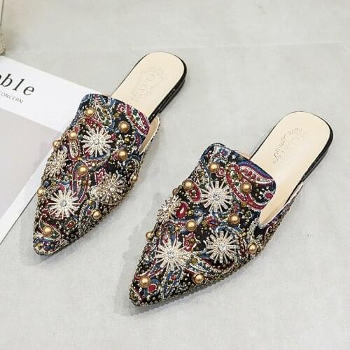 Women Shoe Fashion String-bead Slippers Shallow Embroidery Low Heel Mules Autumn Outdoor Black Slipper Women Slides