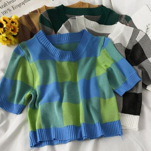 2021 New Plaid Short Open Navel Round Neck Knitted Sweater Womens Summer Wear Versatile Short Sleeve Slim Top Fashion