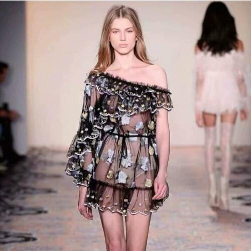 2019 Women Dress New Fashion Summer Elegant Slim Casual Party Beach Runway Sexy Mini Mesh Embroidery One-shoulder Dress