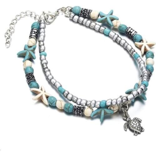 ZV Set Jewelry Ocean Turtle Conch 3D Charm Link Bohemian Anklet Sea Beach Vacation Travel Gift For Women Girls Foot Beaded