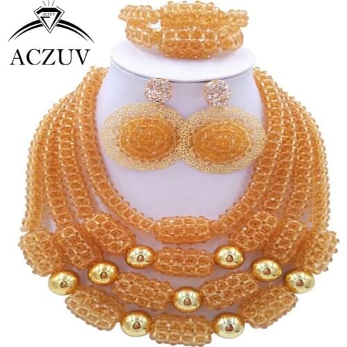 ACZUV Latest Champagne Gold African Wedding Beads Necklace and Earrings Bracelet Nigerian Jewelry Set for Women D4R024