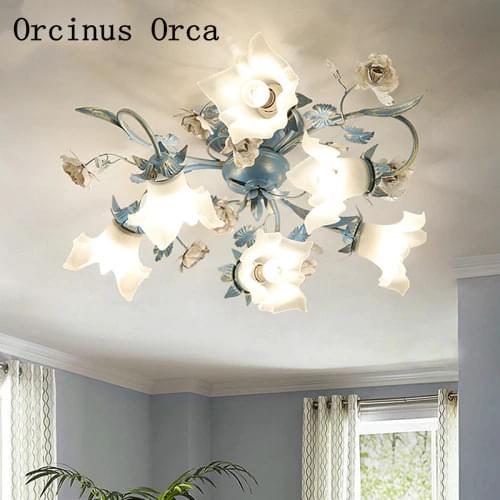 American Country Blue Flower ceiling lamp Living Room Restaurant Bedroom Rural Romantic Creative LED Lily Iron ceiling lamp