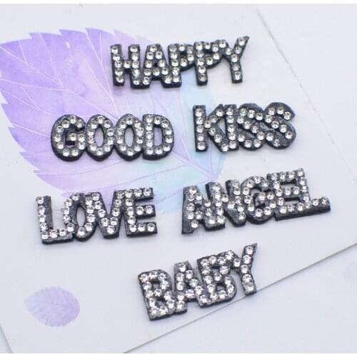 30Pcs/lot Good Kiss Love Happy Baby Angel Happy Letter Rhinestone Patches Sew-on Appliques Cloth DIY Headwear Crafts Accessories