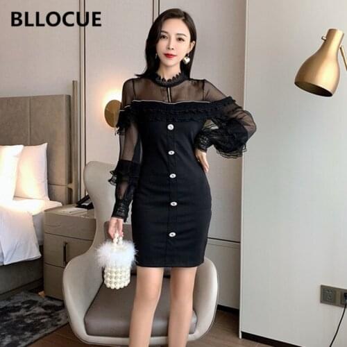 BLLOCUE 2020 Spring Lace Patchwork Package Hip High Waist Bodycon Dress Elegant Ruffles Offiice Lady Slim Dress