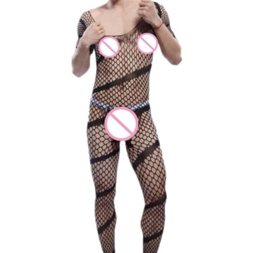 Exotic Sexy Lingerie Gentleman Nightwear Hollow Underwear Fashion Male Stripe Bodysuit Mens Jumpsuit Man Sissy Fishnet Sleepwear