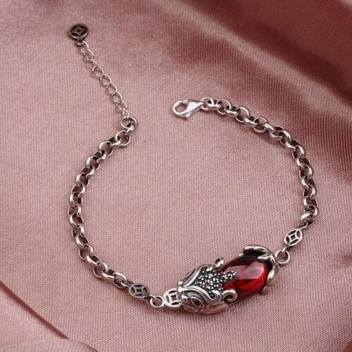 Fine Sterling S925 Silver 4mmW Rolo Cable Chain with Garnet Pixiu Charm Link Bracelet 10.5g 6.7inches