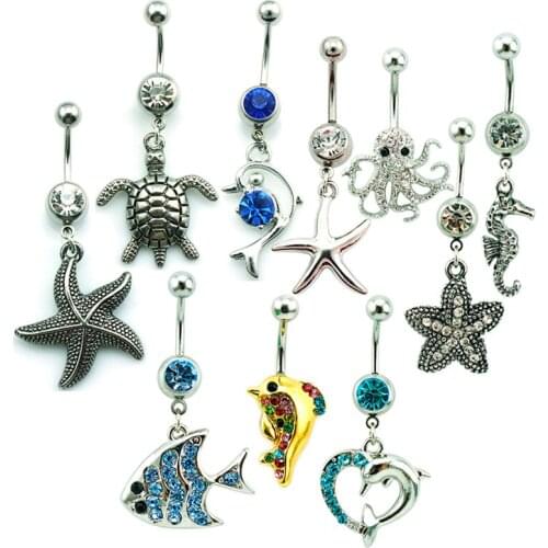 DIY Retail New Design Fashion Metal Silver Black Surgical Steel Sea Horse Fake Navel Body Piercing rings For Women Jewelry