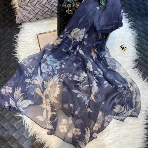 Fashion Navy Blue Silk Scarf Shawl Printed Luxury Women 100% Pure Silk Long Scarves Elegant Floral Silk Neck Scarf Cape180*110cm
