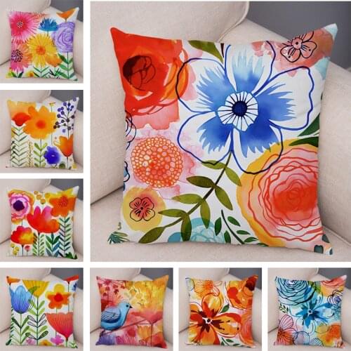Watercolor Floal Cushion Cover Decor Flower Bird Colorful Plant Pillow Case for Sofa Home Car Soft Plush Pillowcase 45x45cm