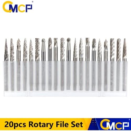 CMCP 20pcs Tungsten Carbide Rotary File Set 3x3mm Single and Double Cut Rotary Burr For Dremel Rotary Tools Accessories