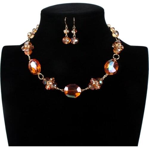 Most Popular Vintage Jewelry Sets Alloy Chain Artificial Crystal Pendants Choker Necklace Earrings for Women