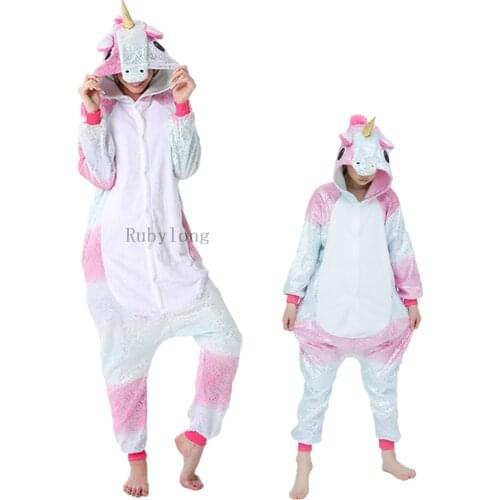 Newest Adults Pajamas Women Flannel Sleepwear Unisex Cute Unicorn Stitch Cartoon Animal Pajama Set Kids Hooded Pyjamas