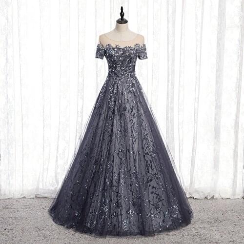 New Elegant Evening Dresses Scoop Shiny Sequins Beaded Appliques Floor-Length Gary Blue A-Line Long Prom Formal Gown Luxury 2021