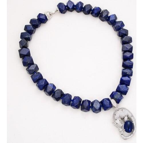 20" Nugget Faceted Blue Lapis Lazuli Necklace CZ Pendant