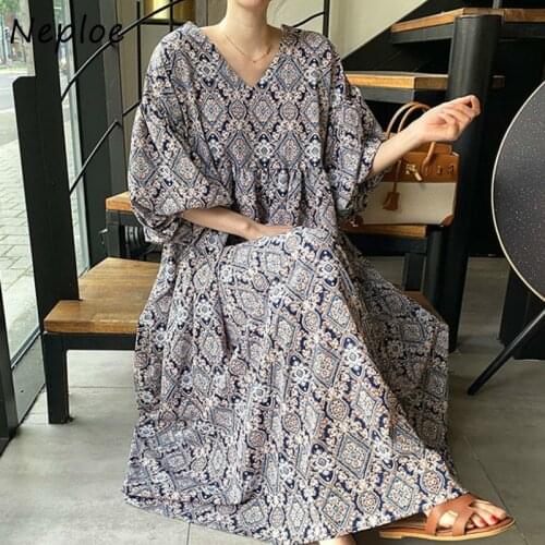 Neploe V-neck Loose Casual Lantern Sleeve Women Dress Chic Retro Print Femme Dresses Summer Fashion New High Waist Vestidos