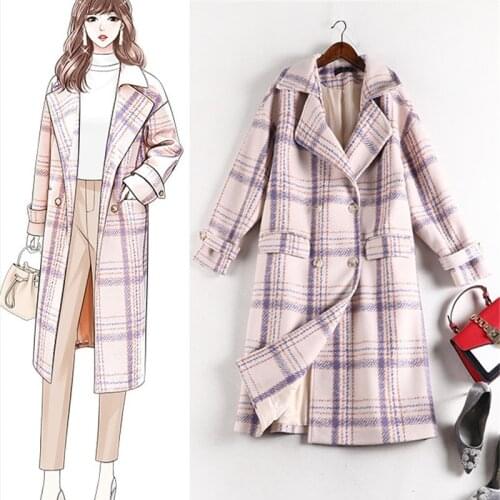 Plus size 5XL Jacket Women Plaid Wool Blends Coat Loose Long Double breasted Woolen Outerwear Winter Female Office Overcoat G801