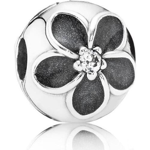 Authentic S925 Bead Charm Black Enamel Mystic Floral Clip Stopper Beads for Women Bracelet Diy Jewelry