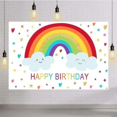 Rainbow Happy Birthday Backdrop Smiling Clouds Colorful Stars Kids Newborn Birthday Party Supplies Children Photo Booth Banner
