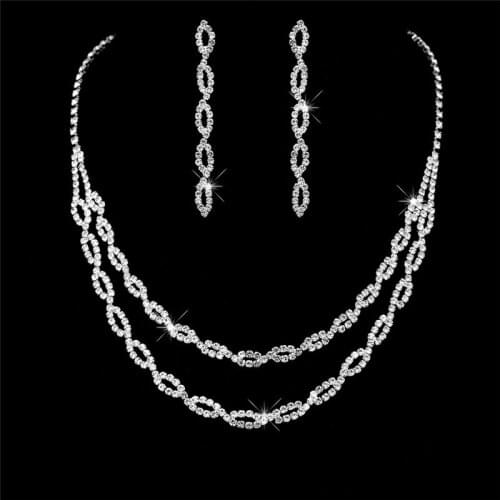 Luxury Female White Crystal Wedding Jewelry Set Charm Silver Color Dangle Earrings For Women Trendy Bridal Zircon Chain Necklace