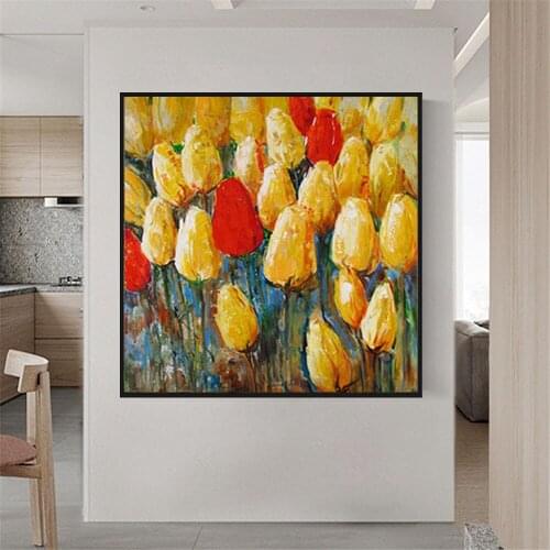 Hand painted beautiful oil painting flower romantic tulip golden canvas painting modern home decoration painting living room art