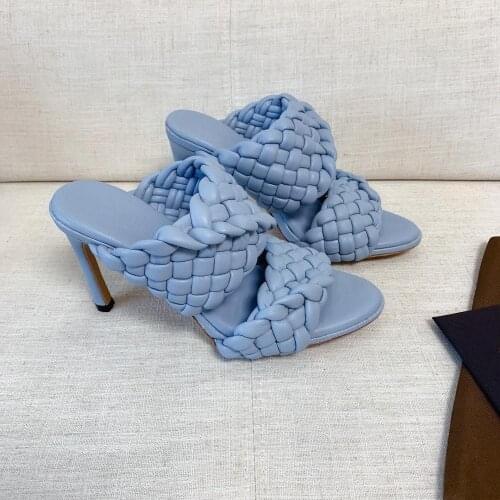 Weave Slippers Women Leather High Heels Femmes Sandales Luxury Summer Zapatos De Mujer Slides Party Mujer Bombas Size 35-40