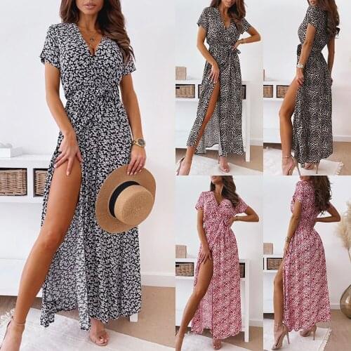 V Neck Women Summer Dress Split Office Ol Short Sleeve Bow Tie Floral Print Business Work Wear Party Wedding Dress Sundress D30