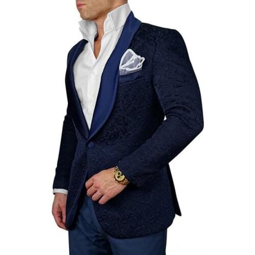 High Quality One Button Navy Blue Paisley Groom Tuxedos Shawl Lapel Groomsmen Mens Suits Blazers (Jacket+Pants+Tie) W:667