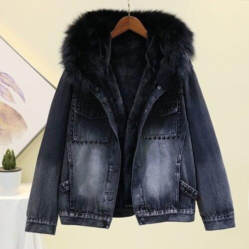 Suitable For Spring Autumn Winter Denim Jacket Women Thicken Plus Velvet Hooded Jeans Coat Student Detachable Fur Collar Liner