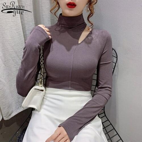 Womens Turtleneck Bottoming Shirt Autumn and Winter 2021 New Collarbone Hollow Out Top Long Sleeve Womens Blouse 12138