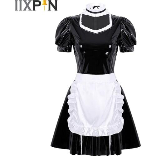 Womens Ladies Sexy Maid Clubwear Sweet Gothic PU Leather Lace Trimming Maid Fancy Dress Halloween Costume Role Play with Choker