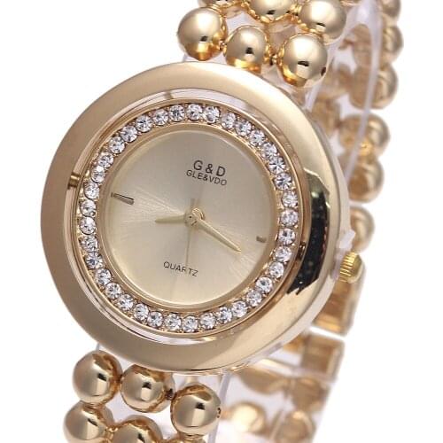 G&D Womens Quartz Wristwatches Stainless Steel Relojes Mujer Fashion Crystal Dress Bracelet Watch Relogio Feminino Gold/Silver