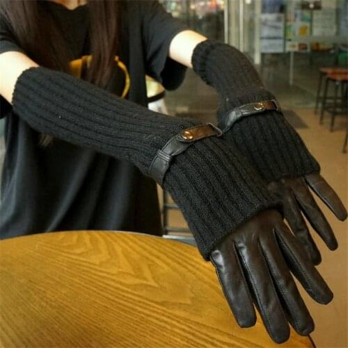 Womens Genuine Leather Gloves Two-Piece Sheepskin Gloves Rabbit Hair Arm Sleeve Long Style Fashion Female Gloves JM222