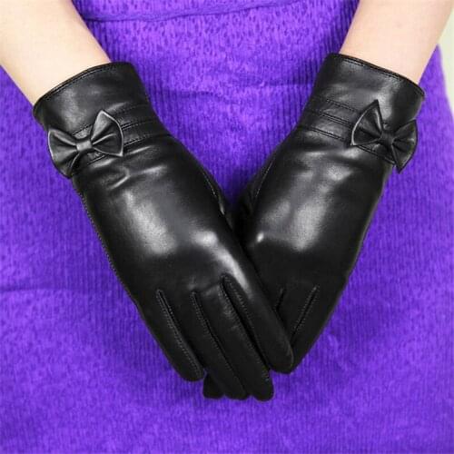 Genuine Leather Gloves Female High Quality Sheepskin Gloves Plus Velvet Thicken Cute Butterfly Knot Womans Gloves DQ104L