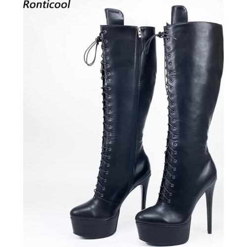Ronticool High Quality Women Winter Knee Boots Waterproof Stiletto Heel Round Toe Boutique Black Dress Shoes Plus US Size 5-20