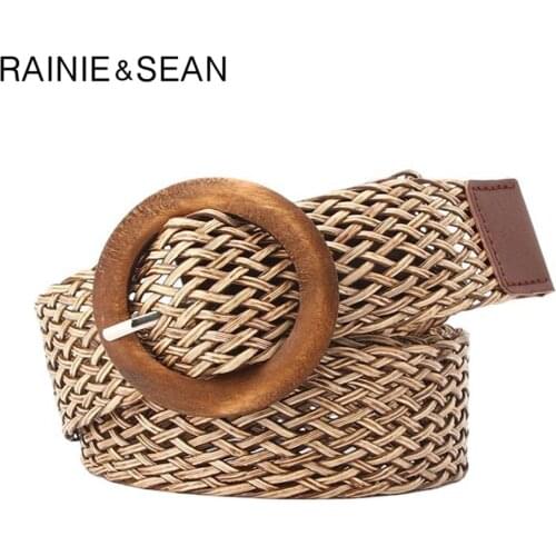 RAINIE SEAN Women Braided Belt Bohemian Female Summer Dress Belt Pu Leather Woven Designer Wood Buckle 2021 New Boho Belts