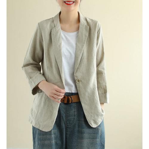 Thin Section Cotton and Linen Suit Jacket Female 2020 Spring Loose Casual Retro One Buckle Solid Color Summer Blazer Tops KN009