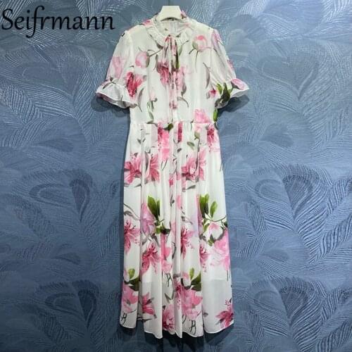 Seifrmann New 2021 Summer Women Fashion Designer Party Long Dress Flare Sleeve Ruffles Single Breasted Floral Printed Dresses