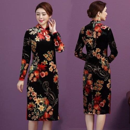 Winter Fall Vintage Chinese Woman Mandarin Collar Long Sleeve Floral Velour Pencil Cheongsam Dress , Women 4xl Chipao Dresses