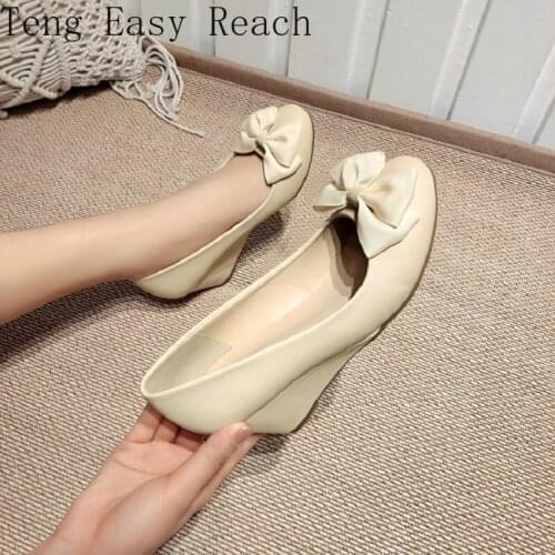 2021 Spring New Summer Sweet Round Toe Wedges High Heels Pink Beige Womens Pumps with Bowtie Size 33-43 Shoes Woman Heels