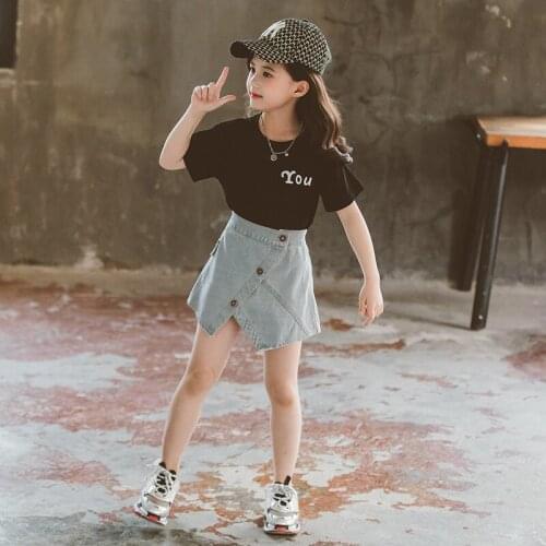 2021 Summer Korean Teen Girls Printting T-Shirts+Denim Shorts skirt Suit Kids Clothes Sets For Girl 3 5 7 9 11 13 Years