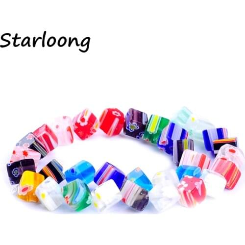 31pcs/string color mixed 8mm square shape flower pattern glazed glass lampwork beads for bracelet necklace DIY jewelry making