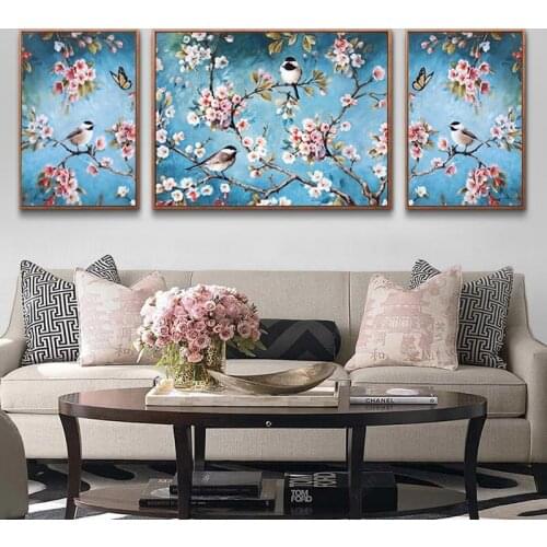 Diamond Embroidery Hanging Paintings Flowers And Birds Living Room Triptych Diamond Painting Happy Birds Posted 5D Round Drill