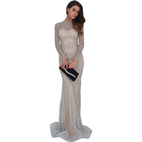 Shiny Silver Sequins Dubai Mermaid Evening Dress Long Sleeves Arabic Formal Prom Dresses 2019 Gold Bodycon Maxi Dress Party Gown