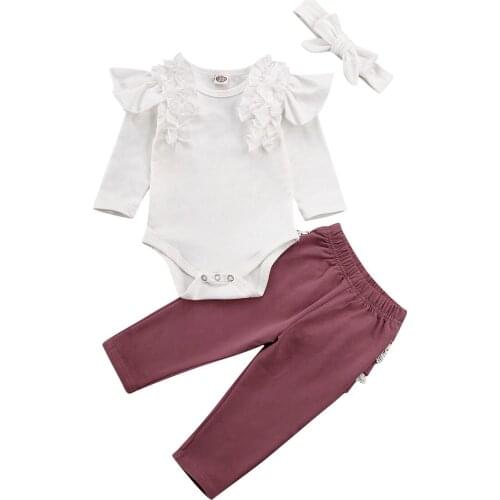 Infant Baby Girl Ruffles Bodysuit Romper Lace Pants Leggings Headband 3Pcs Newborn Kids Girls Autumn Clothing Set Outfit