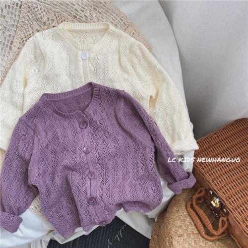 Childrens Wear 2021 Autumn New Korean Gentle Style Coat Girls Cute Hollow Knitting Thin Cardigan Top