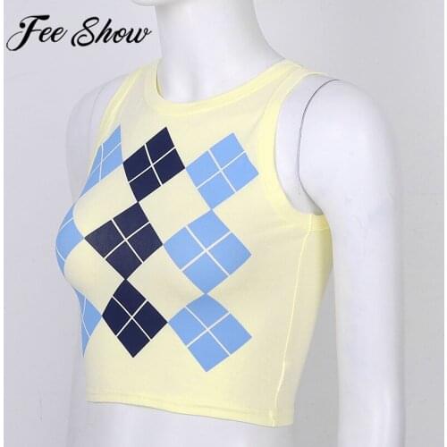 Girl Sexy Crop Vest Solid Harajuku Korean Fitness Tight Top Lady Casual O Neck Sleeveless Tank Top Women Short T-shirt Geometric