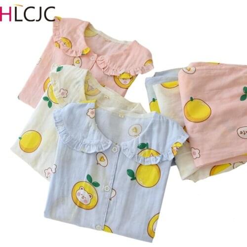 Cotton Gauze Fruits Floral Print Girls Pajama Set Long Sleeve Pockets Shirts Top Loose Pants Sleepwear Women Sets 2021 New Style
